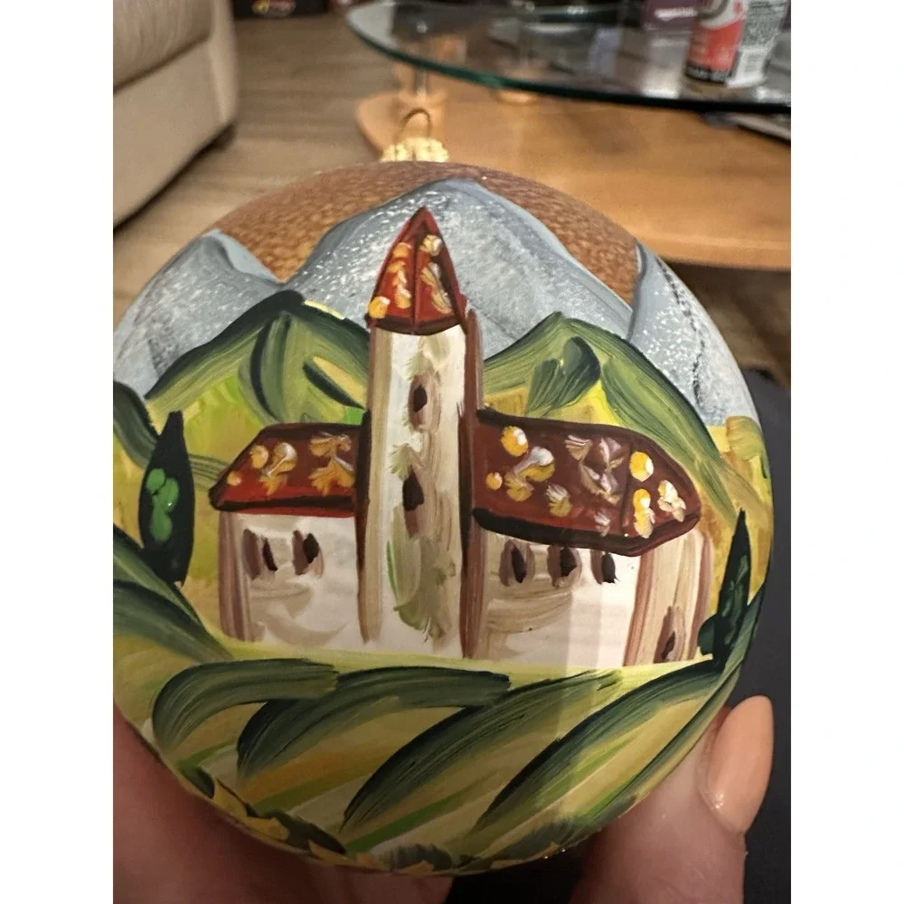 Dillards Trimmings Christmas Gold w/ Hand Painted Mountain & Church Scene Signed